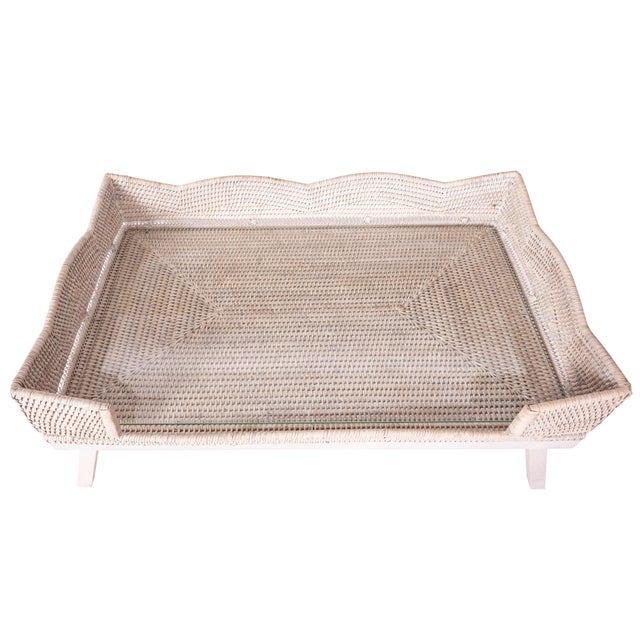 Artifacts Rattan Scallop Design Breakfast Tray with Wooden Legs with Glass insert, White Wash For Sale - Image 4 of 5