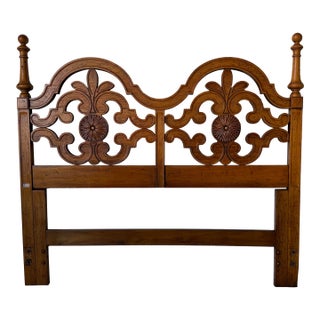 Vintage Thomasville Spanish Mediterranean Carved Wood Queen Headboard For Sale