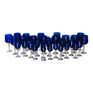 Los Castillo Style Hand-Blown Cobalt Blue Glassware With Pewter Stems Set- 37 Pieces For Sale