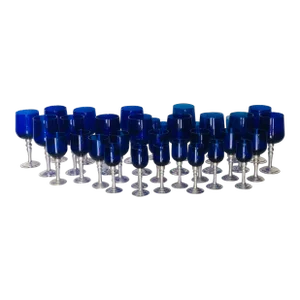 Los Castillo Style Hand-Blown Cobalt Blue Glassware With Pewter Stems Set- 37 Pieces