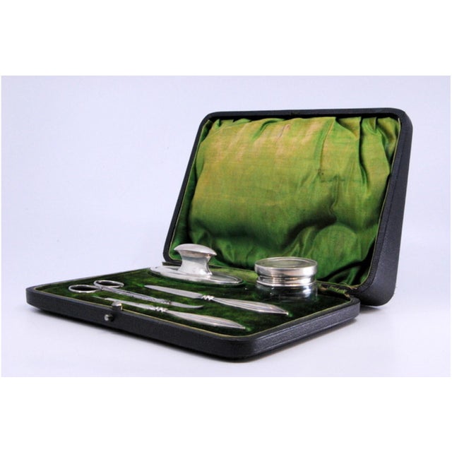 Silver Manicure Set with Hard Case and Green Velvet Interior, Set of 5 For Sale - Image 6 of 7