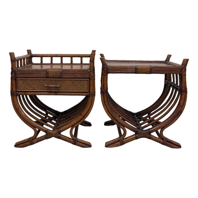 Vintage Rattan & Woven Rattan Coastal Nightstands - Set of 2 For Sale