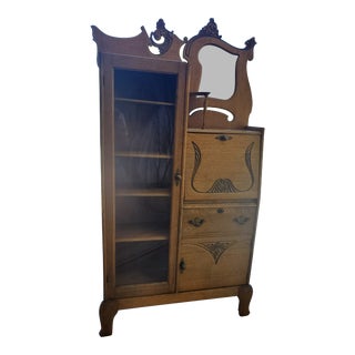 Vintage Carved Oak Secretary with Curio Cabinet For Sale