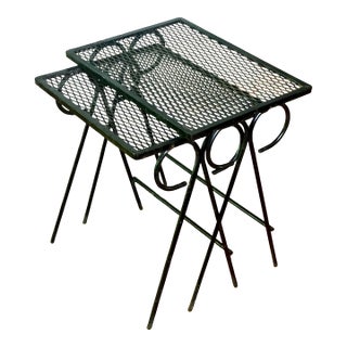 Mid 20th Century Black Wrought Iron Tables Atrributed to Salterini - Set of 2 For Sale