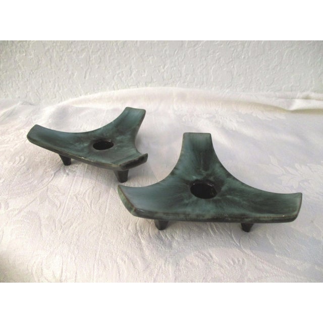 Mid-Century Blue Mountain Green Drip Glaze Candle Holders - a Pair For Sale - Image 4 of 7
