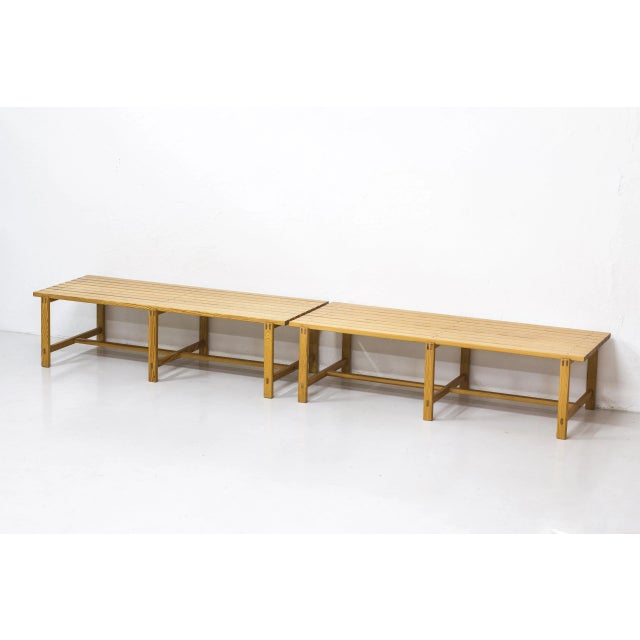 Pair of pine benches designed and produced in sweden during the 1960s. Solid fine grained pine wood with nice joinery...