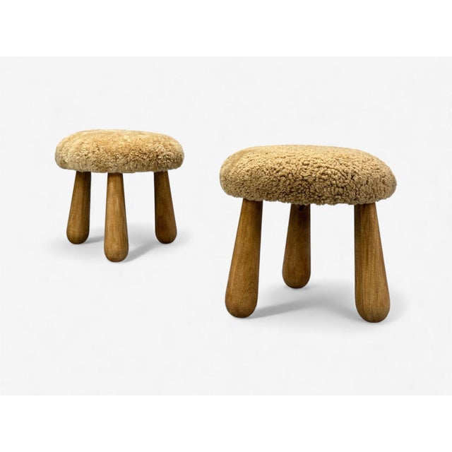 Danish Modern Style, Honey Sheepskin, Maple, Shearling Footstools or Ottomans, USA, 21st c. A one-of-a-kind pair of...