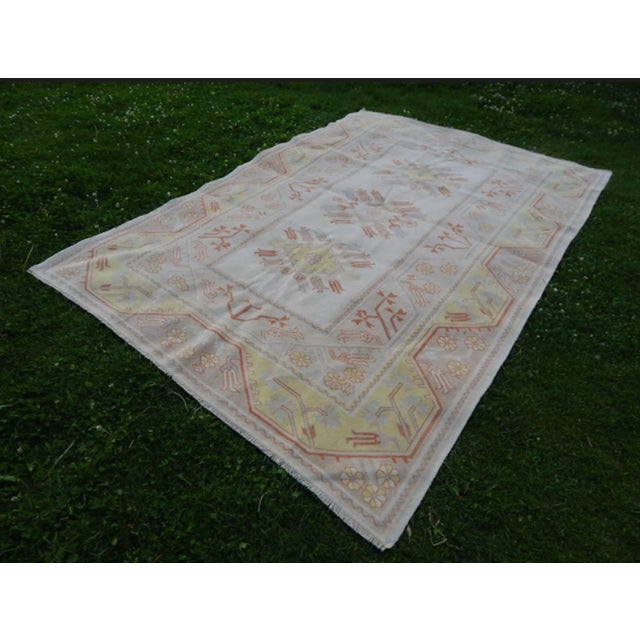 Vintage Hand-Knotted Orange Low Pile Wool Oushak Rug 6′5″ × 9′5″ For Sale - Image 4 of 10