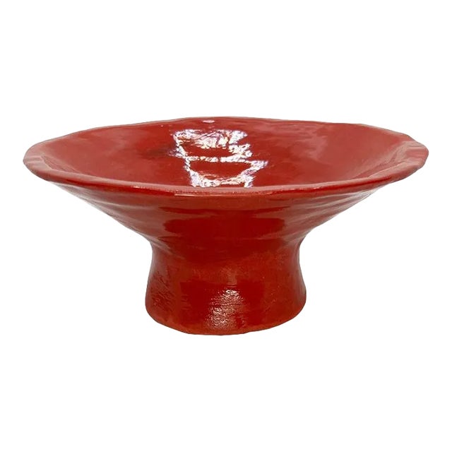 Vintage Bright Red Ceramic Sculptural Studio Pottery Pedestal Bowl For Sale