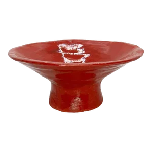 Vintage Bright Red Ceramic Sculptural Studio Pottery Pedestal Bowl