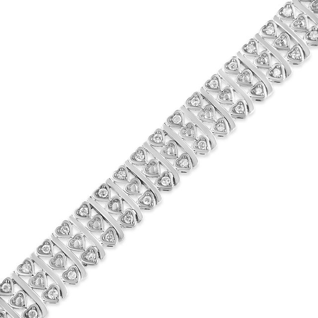 Contemporary .925 Sterling Silver 1.00 Cttw Diamond Multi Row Heart Link Bracelet (H-I Color, I1-I2 Clarity) - 7.25" Inches For Sale - Image 3 of 6