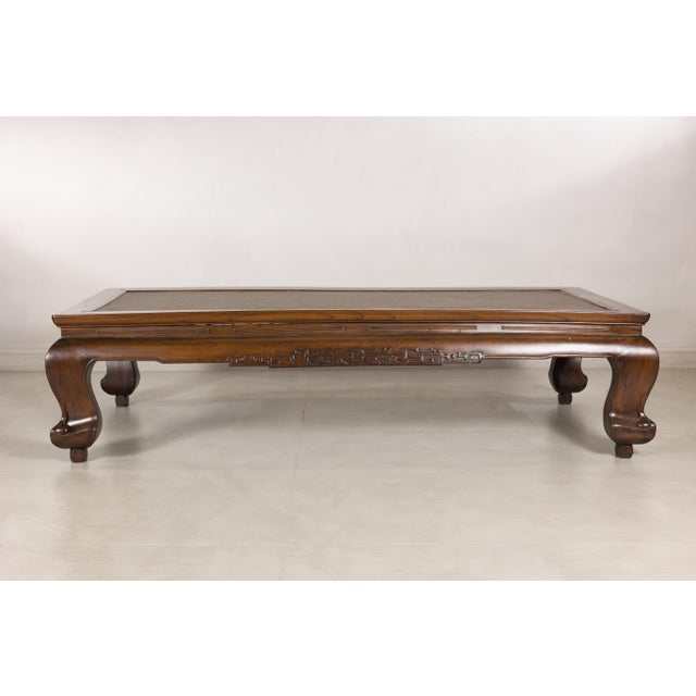 Antique Chinese Elm Opium Bed Coffee Table with Woven Rattan Top and Scroll Legs For Sale - Image 14 of 18