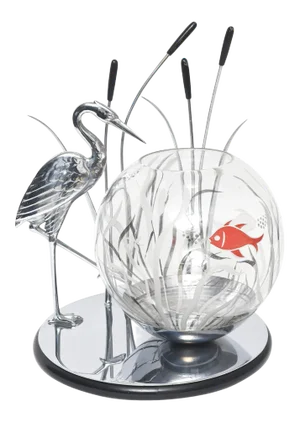 Art Deco Heron Bird and Cattails Chrome Sculpture with Glass Fish Bowl Aquarium