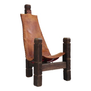 Vintage Brutalist Tripod Leather and Wood Chair, 1970s For Sale