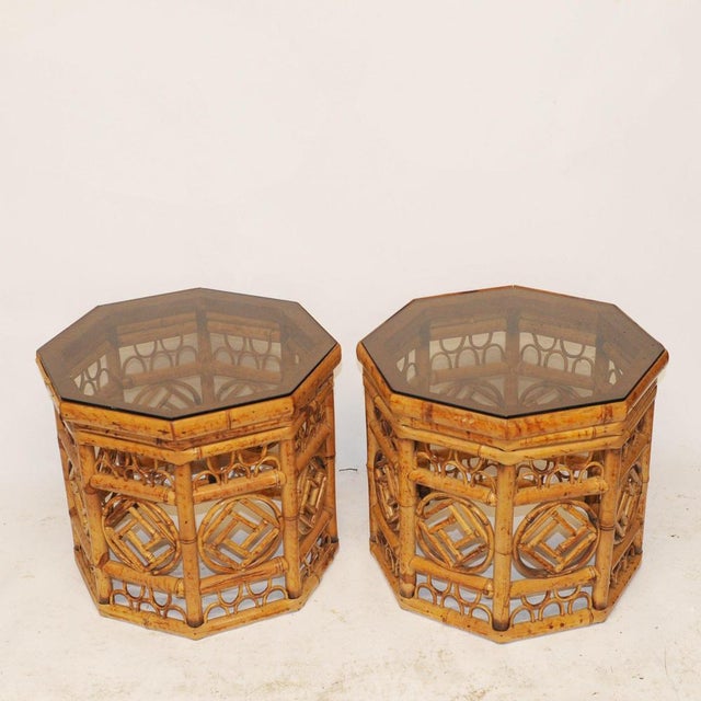 Hexagonal Bamboo Side Tables with Smoked Glass Tops, 1970s, Set of 3 For Sale - Image 3 of 11