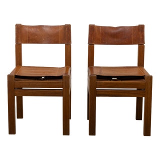 Rationalist French Chairs in Leather and Wood, 1970s, Set of 2 For Sale
