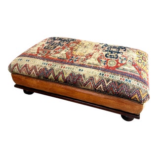 1990s Ralph Lauren Fairfax Ottoman Upholstered With Antique Perisan Rug For Sale