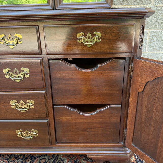 1980s 1980s Ethan Allen Georgian Court Solid Cherry 8 Drawer Low Dresser & Trifold Mirror (11-5223) For Sale - Image 5 of 18