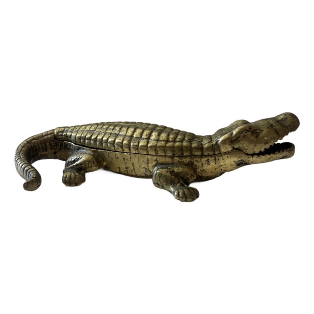 Vintage English Brass Alligator Hinged Box For Sale