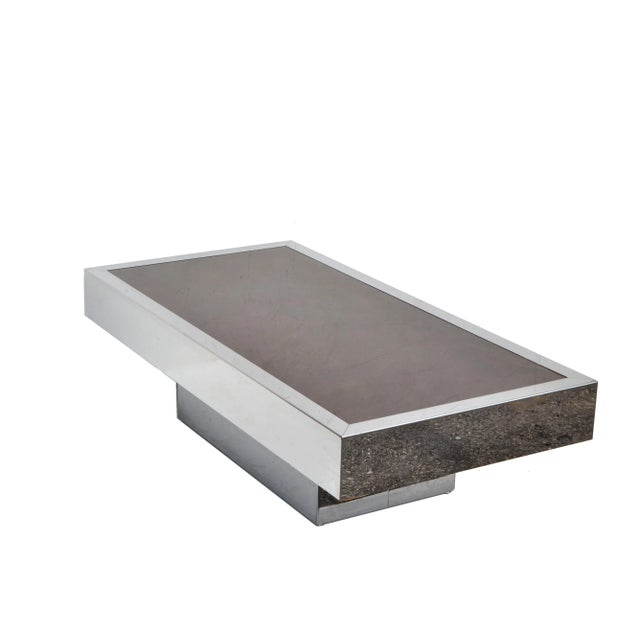 Mid-Century Modern Willy Rizzo Style Italian Chrome & Brown Glass Coffee Table 1970 For Sale - Image 3 of 13