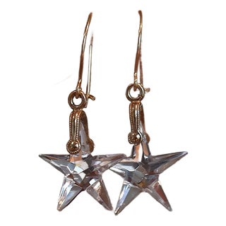Vintage 14k Yellow Gold Rock Crystal Star Earrings, A Pair For Sale