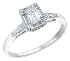 14 Karat Gold Diamond Engagement Ring Emerald-Cut Diamond and Baguette Accent Size 6