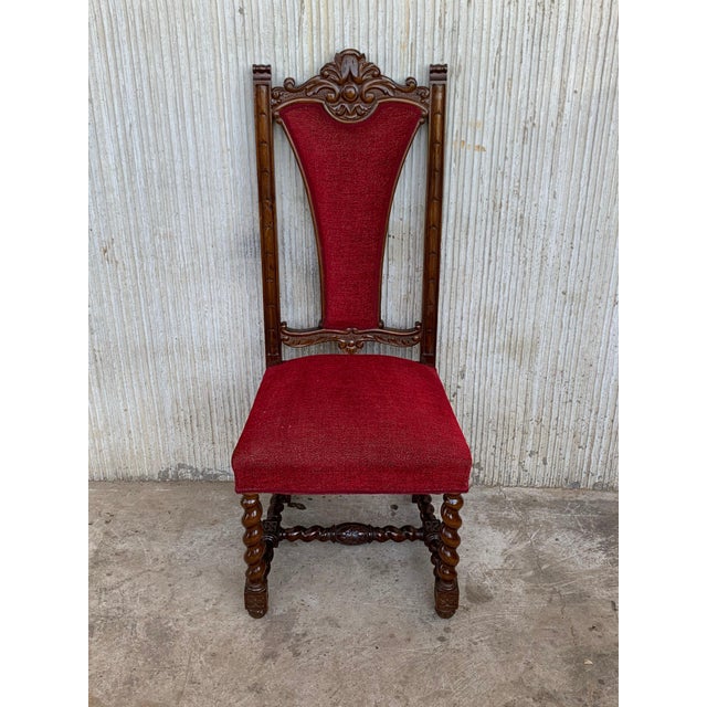 Early 20th Century Spanish Carved Walnut Set of Six Chairs with Red Velvet Seat and Back For Sale - Image 17 of 18