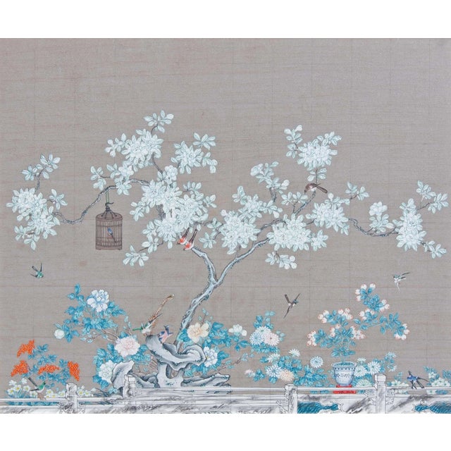 Decorative Chinese school painting. Fine detail and painted with rich colors. In a wonderful carved frame painted in...