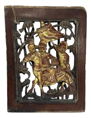 Antique Gilt Lacquered Chinese Panel: Horse & Warriors, Qing Dynasty