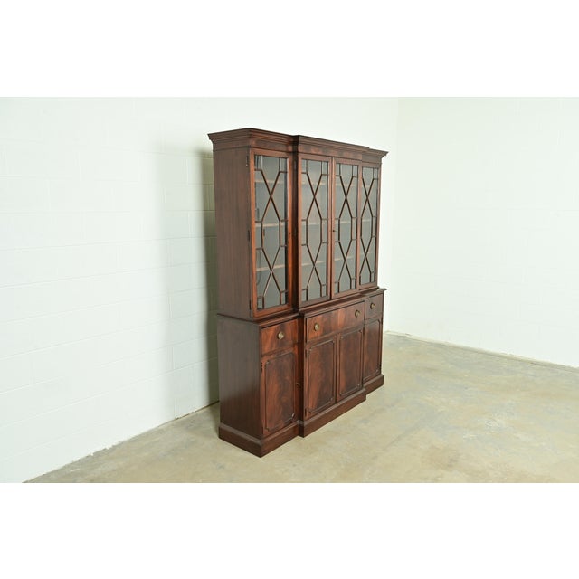 Baker Furniture Company Baker Furniture Style Georgian Flame Mahogany Breakfront Bookcase Cabinet With Drop Front Secretary Desk For Sale - Image 4 of 16