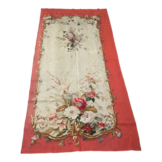 1920s French Aubusson Floral Tapestry With Bird and Red Border For Sale