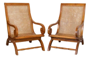 1950s Pair of French Sculptural Wood and Cane Chairs