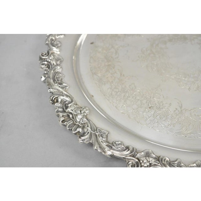 Vintage Wilcox Victorian Silver Plated Round Ornate Footed Salver Serving Tray For Sale - Image 9 of 16