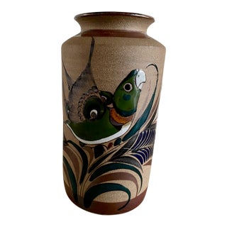 Late 20th Century Mexican Pottery Parrot Vase Signed Tacat For Sale