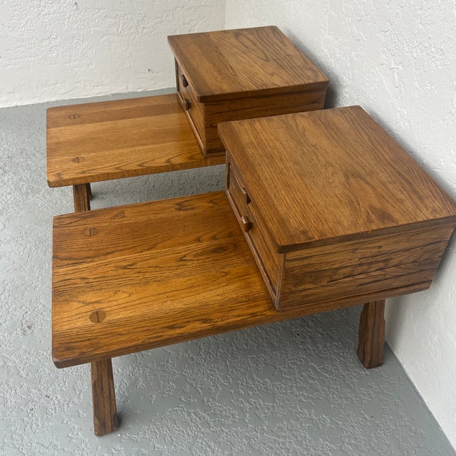 Mid 20th Century Vintage Brandt Furniture Ranch Oak Step Tables With Draws For Sale - Image 5 of 11