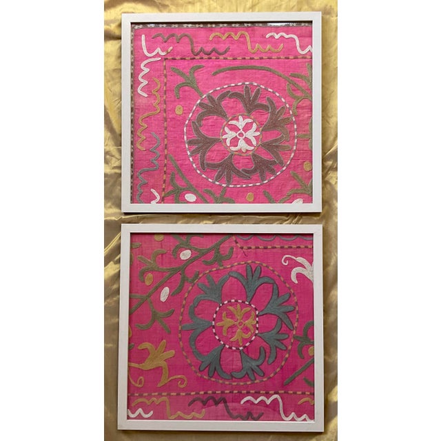 Rustic Exquisite Pair of Hand-Embroidered Antique Silk Suzani Framed Silk-on-Silk For Sale - Image 3 of 14