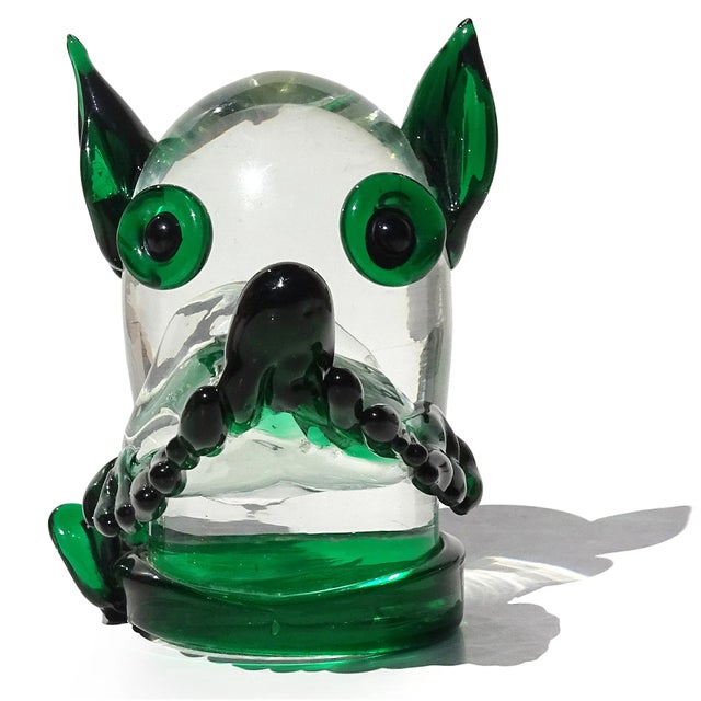 Cute vintage Murano hand blown green and clear Italian art glass puppy dog head sculpture or paperweight. Documented to...