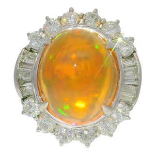 8.26 Carat Fire Opal Diamond Platinum Ring, Size 6.5 For Sale
