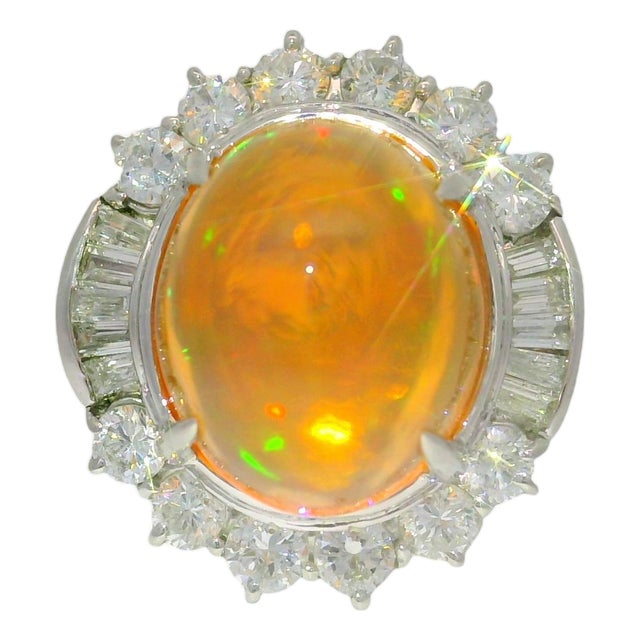 8.26 Carat Fire Opal Diamond Platinum Ring, Size 6.5 For Sale