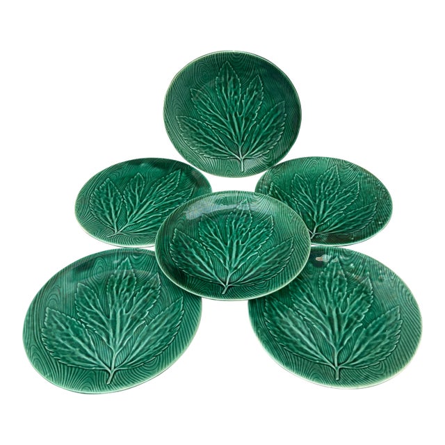 1950s Gien Green Majolica Leaf Plates - Set of 6 For Sale