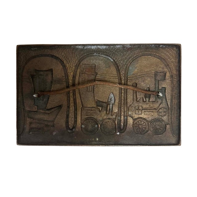 Brutalist Vintage Korean Brutalist Cast Brass Wall Plaque With Stylized Village Scene For Sale - Image 3 of 3