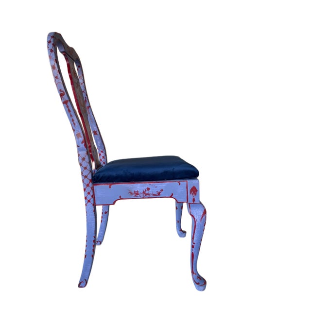 Charming mid 20th century blue Queen Anne Style Side Chair in Chinoiserie chic style. Vintage washed up blue ground richly...