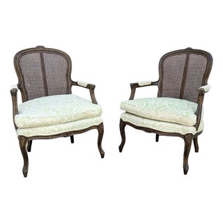 Pair of Vintage French Louis XV Style Carved Wood & Cane Fauteuil Armchairs For Sale