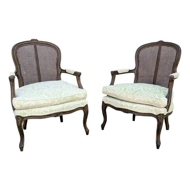 Pair of Vintage French Louis XV Style Carved Wood & Cane Fauteuil Armchairs For Sale