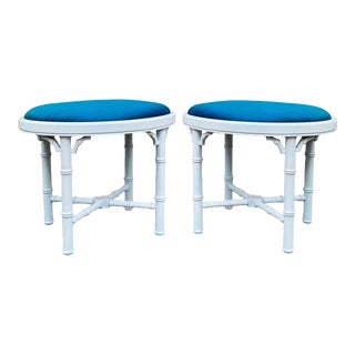 Regency Style Faux Bamboo White Lacquered Ottomans in Blue Silk - Pair For Sale