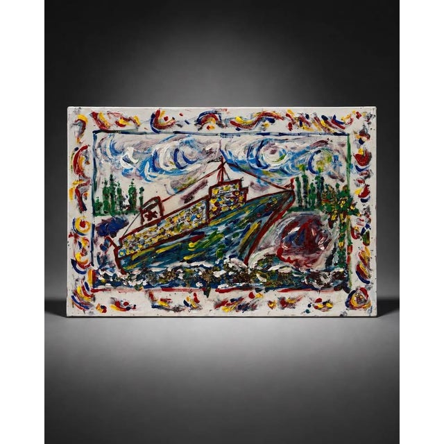 Colorful Mixed Media Boat Painting For Sale - Image 4 of 5