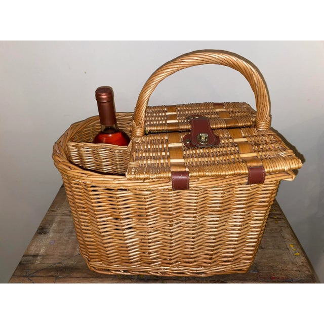 Wood Vintage Wicker Wine & Cheese Basket- Lined For Sale - Image 7 of 9