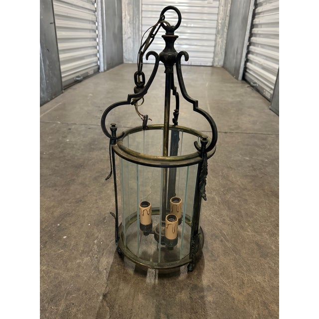1950s 3-Light Brass & Belved Glass Cylinder Foyer Chandelier / Lantern For Sale - Image 10 of 12