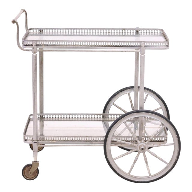1950s French Silver-Tone Metal Service Trolley/ Bar Cart For Sale