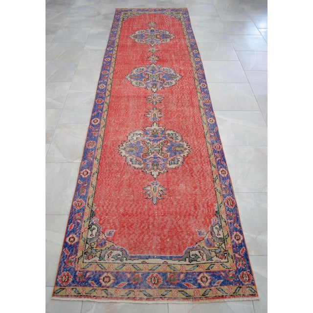 Traditional Ottoman Design Distressed Oushak Runner Rug Faded Colors Low Pile - 3'3″ X 12' For Sale - Image 10 of 15